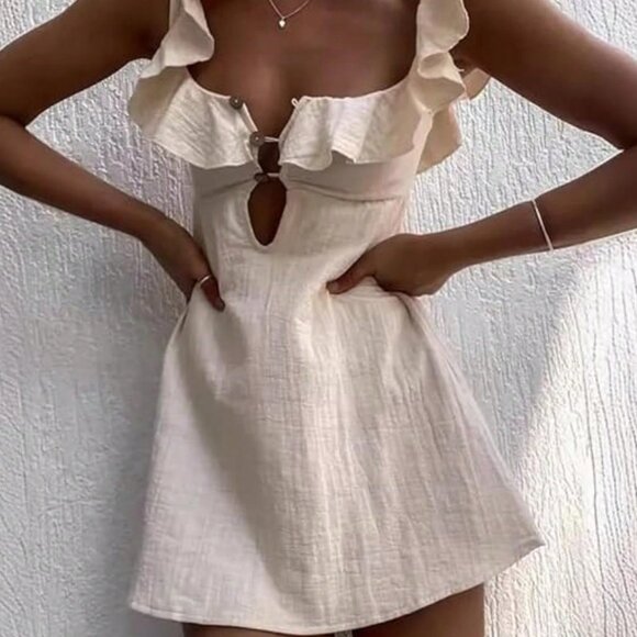 Apricot Casual Women's Sexy Ruffle Backless Mini Dress, Vacation Style - Picture 4 of 4